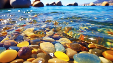 Clear Sky and White Sand Beach with Many Colorful Glittering Round Pebbles-Stonesの素材