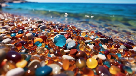 Seaside Colorful Transparent Stones-Pebbles Blue Sea Water at Golden Beachの素材