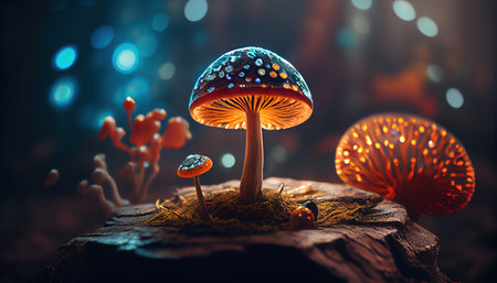 Mystical Glowing Colorful Mushroom in The Forest Bokeh Backgroundの素材