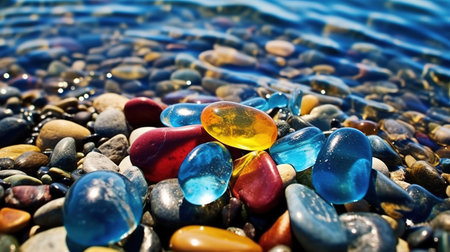 Seaside Colorful Transparent Stones-Pebbles Blue Sea Water at Golden Beachの素材