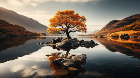 Big Yellow Leaf's Tree Reflact in Water At Small Water Lake and Mountains Under Blue Sky Fluffy Cloudsの素材