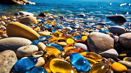 Seaside Colorful Transparent Stones-Pebbles Blue Sea Water at Golden Beachの素材