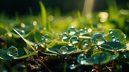 A Fresh Wet Leaf Clover With Dew Drops on Its Leaves Early Morning Mist Selective Focusの素材