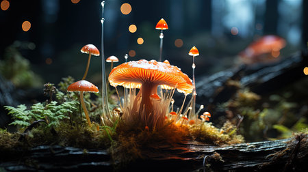Mystical Glowing Colorful Mushroom in The Forest Bokeh Backgroundの素材
