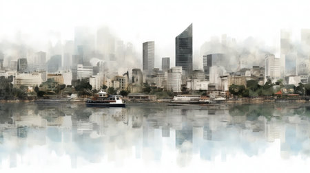 The Skyscrapers Are Seen in Foggy and Cloudy Sky Art Paintingの素材