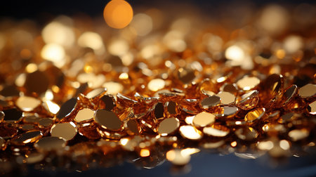 Defocused Macro Sparks Fall and Sparkle in Ray of Light Gold Glitter Background Imageの素材