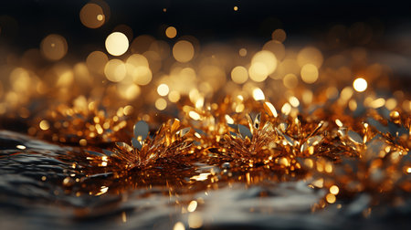 Dark Yellow Color Defocused Macro Sparks Fall and Sparkle in Ray of Light Glitter Background Imageの素材