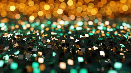 Abstract of Green and Gold Twinkley Lights and Glitter Selective Focused Background Imageの素材
