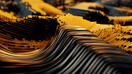 Advanced Motion Digital Gold and Black Matrix Cyber Environment Blocks Wavy Pattern Background Imageの素材
