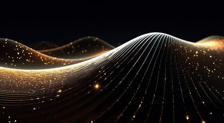 Gold Color Wave stream of wavy Lines with Gold Glitter Particles Abstract Background Imageの素材
