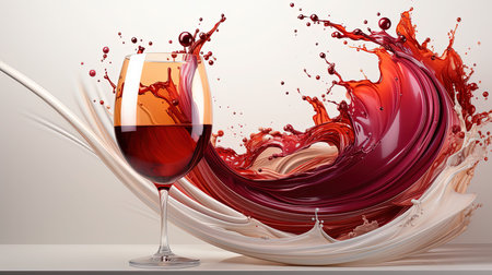 Deep Red Liquid Oil Paint Splashing or Dripping With Wine Glasse on White Background Imageの素材