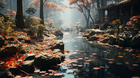 Stunning Detail Reflection of The Katsura Trees Around the Natural Round Lake Autumn Background Imageの素材