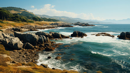 Beautiful Paradise Beach Tropical Island with Rock Mountains Seascape Background Imageの素材