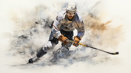 Black Pencil Realsitic Detailed Drawing of Hockey Player in White Uniform Oil Painting Backgroundの素材