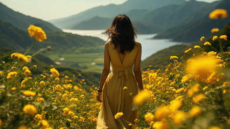 A Beautiful Chinese Woman Walking Through a Field of Yellow Flowers Floral Background Selective Focus Imageの素材