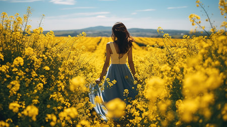 A Beautiful Chinese Woman Walking Through a Field of Yellow Flowers Floral Background Selective Focus Imageの素材