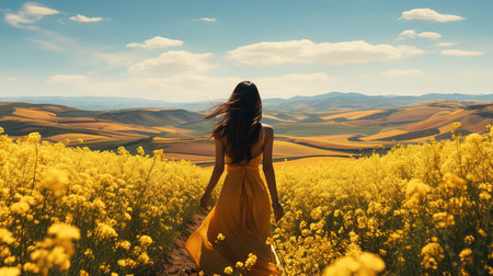 A Beautiful Chinese Woman Walking Through a Field of Yellow Flowers Floral Background Selective Focus Imageの素材
