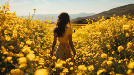 A Beautiful Chinese Woman Walking Through a Field of Yellow Flowers Floral Background Selective Focus Imageの素材