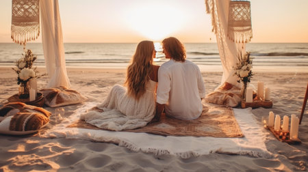 Escape to the Sun-Kissed Shores and Immerse Yourself in The Relaxed and Carefree Vibes of a Coastal Bohemian Wedding Background Selective Focusの素材