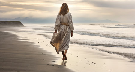 Women Walking Alone with Cover White Cloth at Beautiful Beach Backgroundの素材
