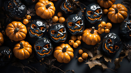 Halloween Pumpkins With Scary Faces on Dark Background Selective Focus Imageの素材