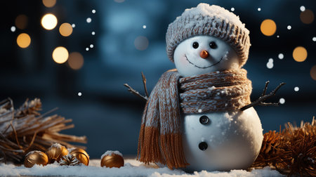 Cute Snowman in His Red Outfit For Merry Christmas Greeting Background Focus on Foreground Imageの素材