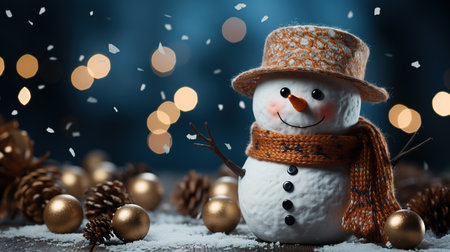 Cute Snowman in His Red Outfit For Merry Christmas Greeting Background Focus on Foreground Imageの素材