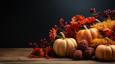 Thanksgiving Pumpkins with Fruits and Falling Leaves Copy Space Background Focus on Foregroundの素材