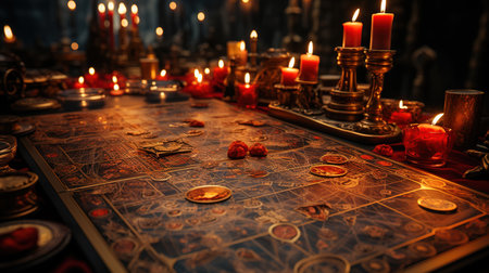 Tarot Card with Red Border Table Dramatic Background Imageの素材