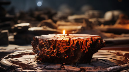 A High Quality Eco Friendly Soy Wax Candle in a Shape of The Wood Tree Stump Dark Themed Background Selective Focus Imageの素材