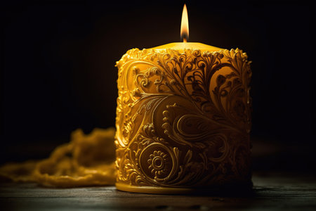 Yellow Wax Ornamental Designed Candle on Dark Background Selective Focus Imageの素材