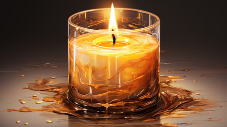 Yellow Wax Candle in Transparent Glass on Dark Sparkie Lights Background Selective Focus Imageの素材