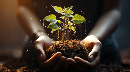 A Young Man Hands Connected Holding Some Soil with a Young Seedling Growing From The Soil Background Selective Focusの素材