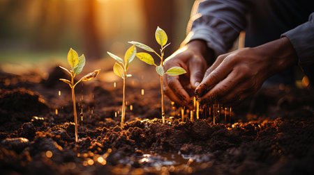 A Close-Up of Hands Gently Planting Seeds and Roots into Rich Soil Background Selective Focus Imageの素材