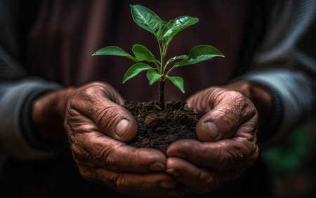 A Young Man Hands Connected Holding Some Soil with a Young Seedling Growing From The Soil Background Selective Focusの素材