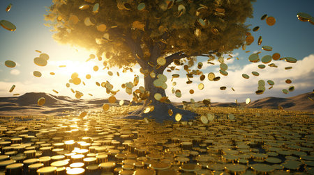 Magical Fantasy Falling Gold Coins From Money Tree Concept of Money Investment Focused Foreground Imageの素材