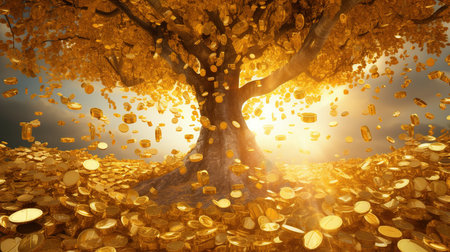 Magical Fantasy Falling Gold Coins From Money Tree Concept of Money Investment Focused Foreground Imageの素材
