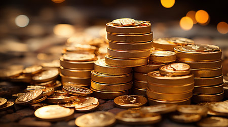 Gold Bars and Gold Coins Gilded Shiny Focused Foreground Imageの素材