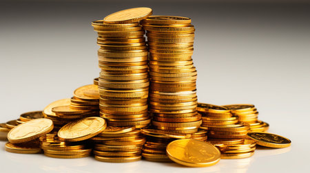 A Huge Pile of Coins in Euro Bills is Lying on the Table Focused Foreground  White Background Imageの素材