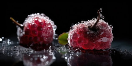 Frosted Group of Fresh Red Apples on Dark Background Selective Focus Imageの素材