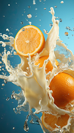 Fresh Oranges with Slices of Citrus Fruit Water Splashied Background Selective Focus Imageの素材