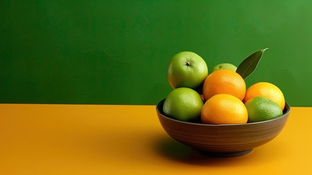 An Minimalist Oranges and Slice On Green Background with Copy Space Selective Focus Imageの素材