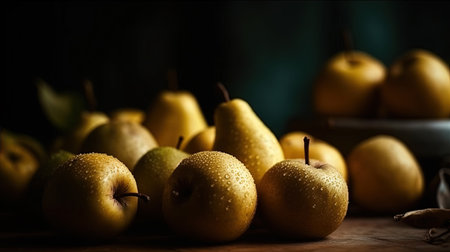 Group of Fresh Raw Organic Yellow Apples and Pear Fruits With Water Drops Wooden Table Top Background Selective Focus Imageの素材