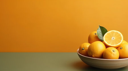 An Minimalist Oranges and Slice On Green Background with Copy Space Selective Focus Imageの素材