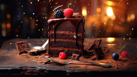 Dark Food Photography of Chocolate Cake With Fruit Decorations Selective Focus Imageの素材
