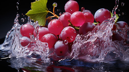 Water Splashing on Fresh Grapes Bunches On Dark Background with Copy Space Selective Focus Imageの素材
