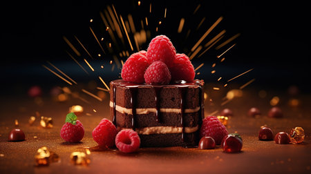 Dark Food Photography of Chocolate Cake With Fruit Decorations Selective Focus Imageの素材
