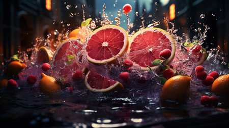 Fresh Oranges with Slices of Citrus Fruit Water Splashied Background Selective Focus Imageの素材