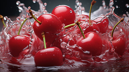 Water Splash With Fresh Red Cherries on Dark Background Focus on Foreground Imageの素材
