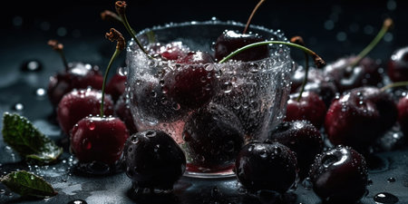 Bunch of Fresh Frozen Red Cherries As Background Focus on Foreground Imageの素材